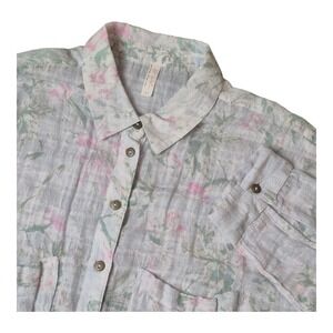 Free People‎ Shibori Floral Shirt Open Back Button Front Roll Sleeve Women's S